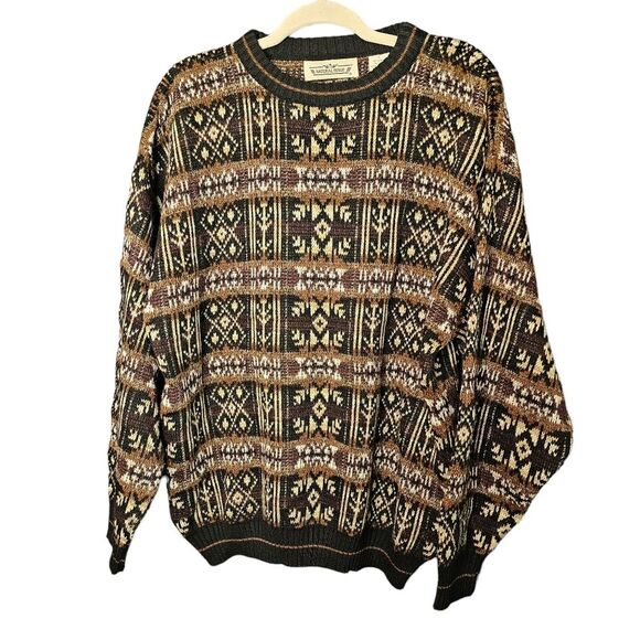 Vtg Natural Issue Grandpa Neautral Aztec Southwest 3D Crew Neck Sweate Size L